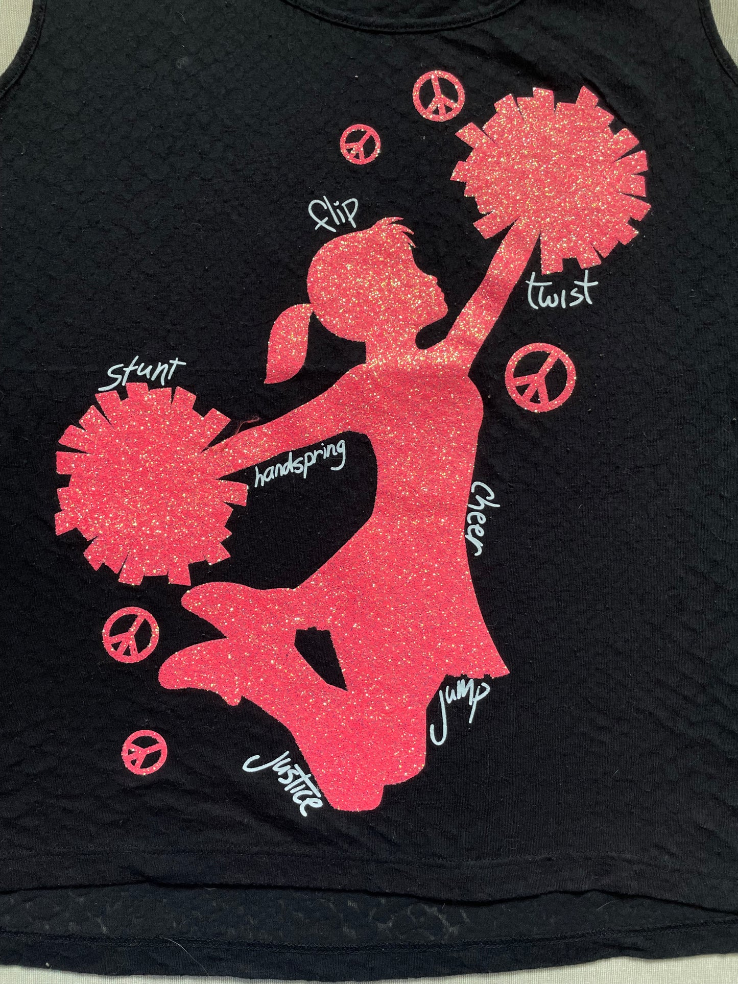 •T-Shirt Justice Cheerleading Pompoms Black Pink Glitter Peace Signs
