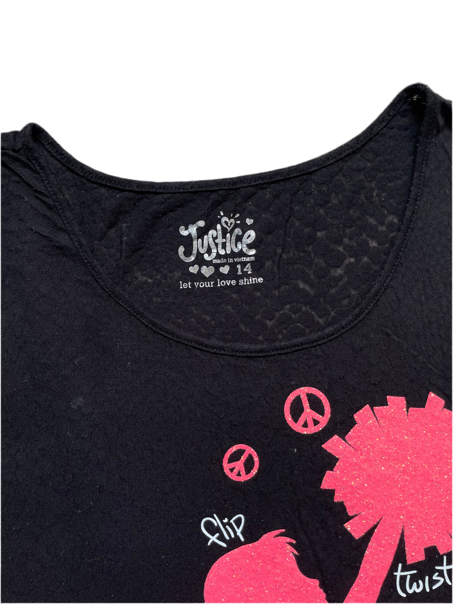 •T-Shirt Justice Cheerleading Pompoms Black Pink Glitter Peace Signs
