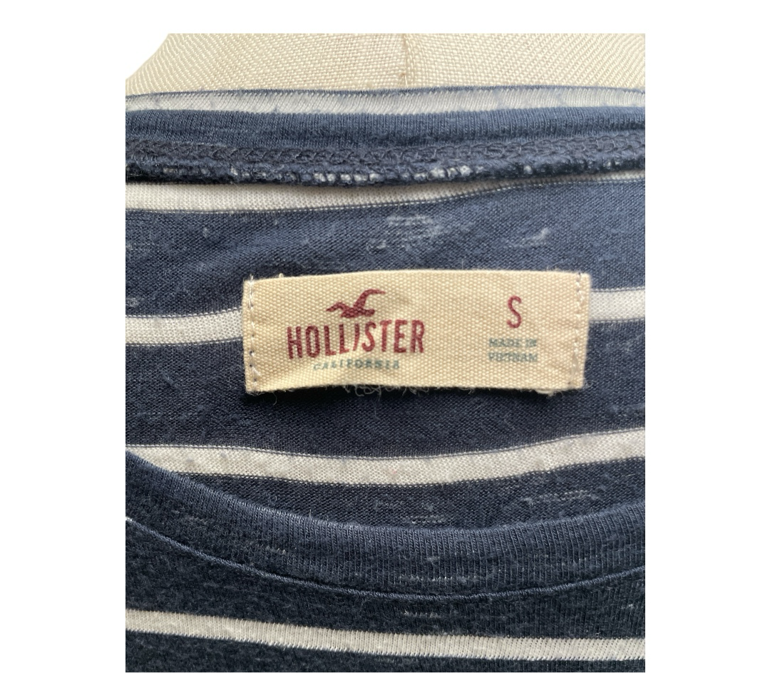 Hollister Women's Navy Blue White Striped Soft Pocket Tee T Shirt Top